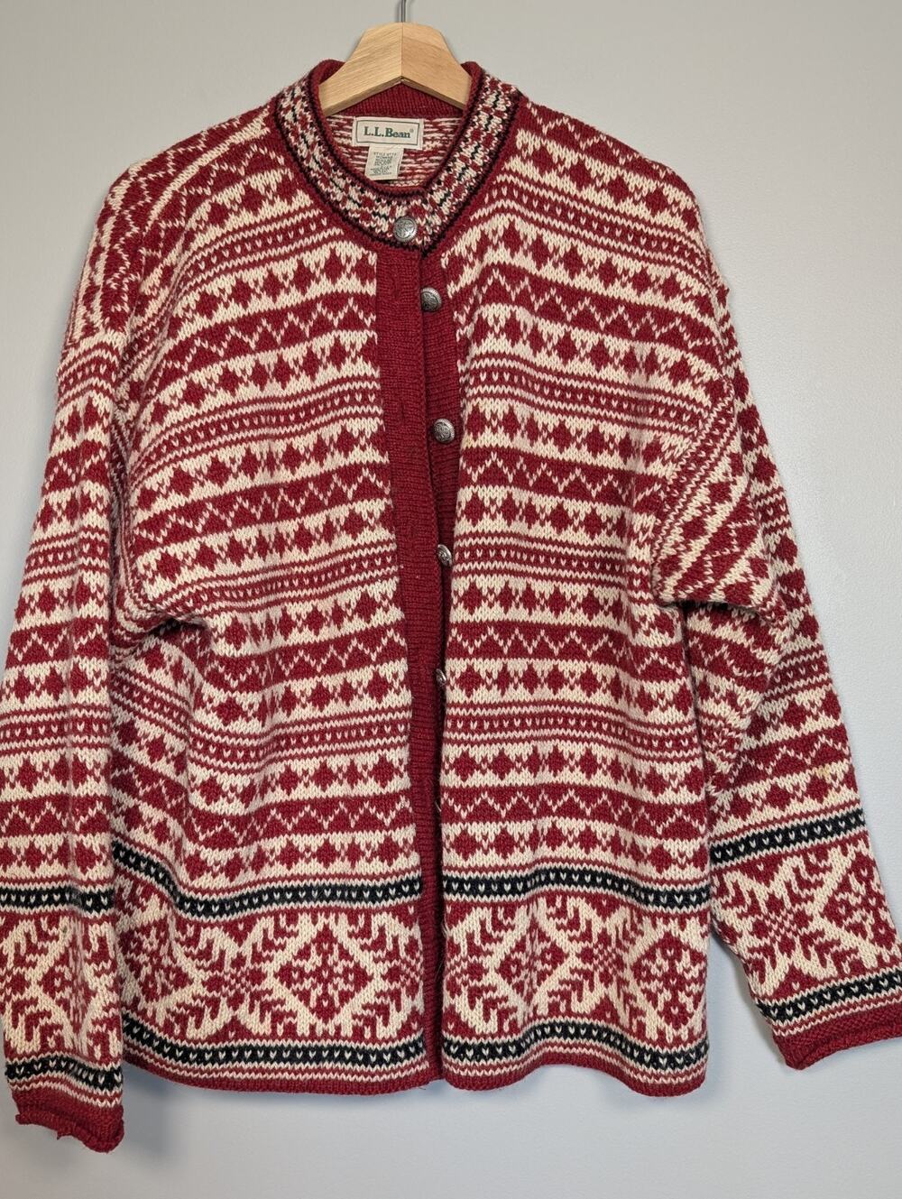 LL Bean Vintage Fair Isle Wool Cardigan Sweater Red‎ Cream Nordic HT72 Womens L